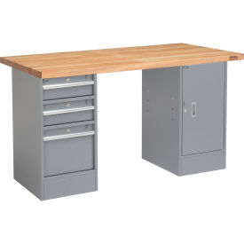 Pedestal Workbench W/ 3 Drawers & Cabinet, Maple Butcher Block Square Edge, 60"W x 30"D, Gray