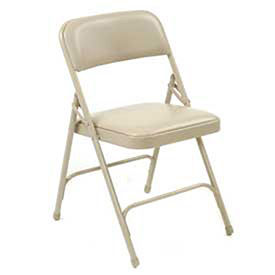 Steel Frame Folding Chair, Padded Vinyl Seat and Back, Beige - Pkg Qty 4