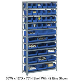 Open Bin Shelving w/5 Shelves & 12 Blue Bins, 36x18x39