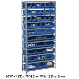 Open Bin Shelving w/10 Shelves & 18 Blue Bins, 36x18x73