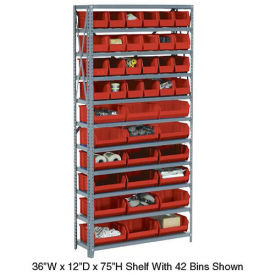 Open Bin Shelving w/10 Shelves & 36 Red Bins, 36x12x73