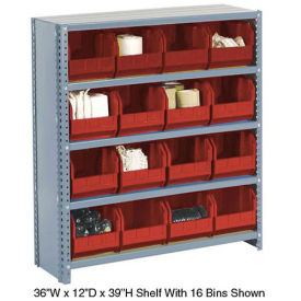 Closed Bin Shelving w/5 Shelves & 16 Red Bins, 36x18x39