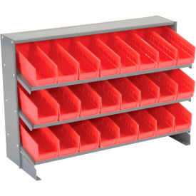 Global Industrial 3 Shelf Bench Rack, (24) 4"W Red Bins, 33x12x21