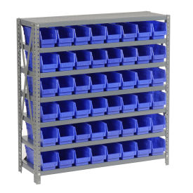 7 Shelf Steel Shelving with (48) 4"H Plastic Shelf Bins, Blue, 36x12x39