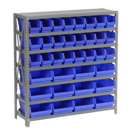 7 Shelf Steel Shelving with (36) 4"H Plastic Shelf Bins, Blue, 36x18x39