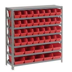 7 Shelf Steel Shelving with (42) 4"H Plastic Shelf Bins, Red, 36x18x39