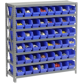 7 Shelf Steel Shelving with (48) 4"H Plastic Shelf Bins, Blue, 36x18x39