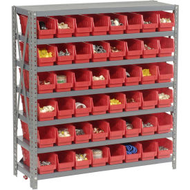 7 Shelf Steel Shelving with (48) 4"H Plastic Shelf Bins, Red, 36x18x39