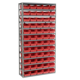 13 Shelf Steel Shelving with (60) 4"H Plastic Shelf Bins, Red, 36x12x72