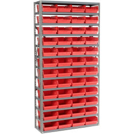 13 Shelf Steel Shelving with (48) 4"H Plastic Shelf Bins, Red, 36x18x72
