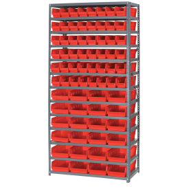 13 Shelf Steel Shelving with (60) 4"H Plastic Shelf Bins, Red, 36x18x72