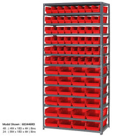 13 Shelf Steel Shelving with (76) 4"H Plastic Shelf Bins, Red, 36x18x72
