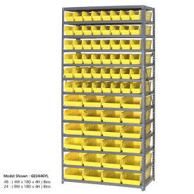 13 Shelf Steel Shelving with (76) 4"H Plastic Shelf Bins, Yellow, 36x18x72