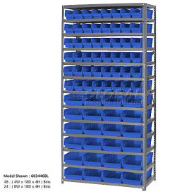 13 Shelf Steel Shelving with (96) 4"H Plastic Shelf Bins, Blue, 36x18x72