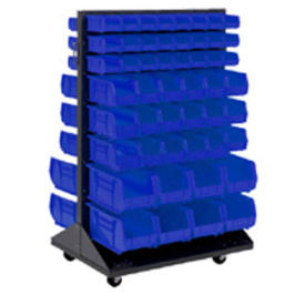 Mobile Double Sided Floor Rack With (64) Blue Bins, 36x25.5x54