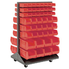 Mobile Double Sided Floor Rack With (64) Red Bins, 36x25.5x54