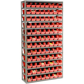 13 Shelf Steel Shelving with (144) 4"H Plastic Shelf Bins, Red, 36x12x72