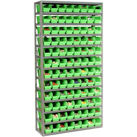 13 Shelf Steel Shelving with (144) 4"H Plastic Shelf Bins, Green, 36x12x72
