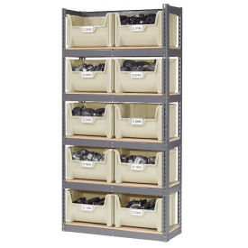 5 Shelf Boltless Steel Shelving with (10) Plastic Hopper Bins, Beige, 42x15x84