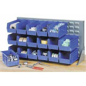 Louvered Bench Rack with (22) Blue Premium Stacking Bins, 36x15x20