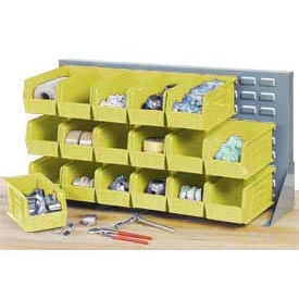 Louvered Bench Rack with (22) Yellow Premium Stacking Bins, 36x15x20