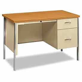 HON Steel Desk, Single Right Pedestal, 45-1/4"W x 24"D, Oak/Putty