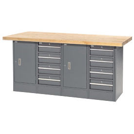 Global Industria Workbench w/ Maple Square Edge Top, 8 Drawers & 2 Cabinets, 72"Wx24"D, Gray