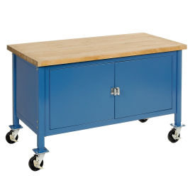 Mobile Workbench with Security Cabinet, Maple Butcher Block Square Edge, 72"W x 30"D, Blue