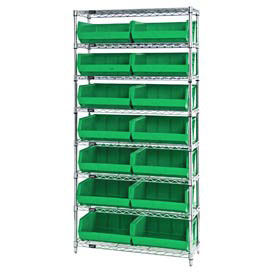 Wire Shelving With (14) Giant Plastic Stacking Bins Green, 36x(14)x74