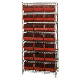 Wire Shelving With (21) Giant Plastic Stacking Bins Red, 36x18x74
