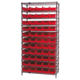 Wire Shelving with (55) 4"H Plastic Shelf Bins Red, 36x14x74