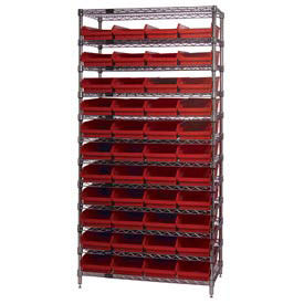 Wire Shelving with (44) 4"H Plastic Shelf Bins Red, 36x14x74