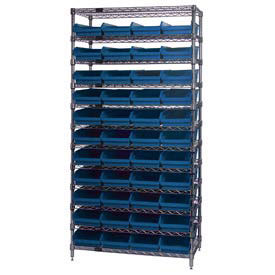 Wire Shelving with (44) 4"H Plastic Shelf Bins Blue, 36x24x74