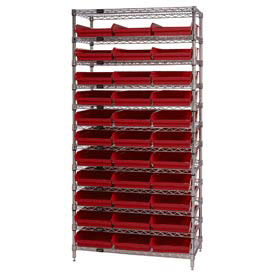 Wire Shelving with (33) 4"H Plastic Shelf Bins Red, 36x24x74