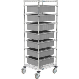 Chrome Wire Cart With 7 6"H Grid Gray Containers, 21X24X69
