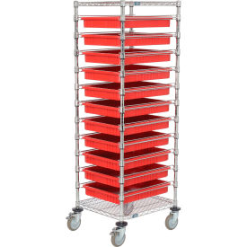 Chrome Wire Cart With 11 3"H Grid Red Containers, 21X24X69