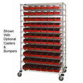 Wire Shelving with (66) 4"H Plastic Shelf Bins Red, 48x24x74