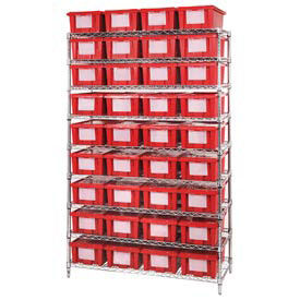 Wire Shelving With (36) 6"H Nest & Stack Shipping Totes Red, 48x18x74