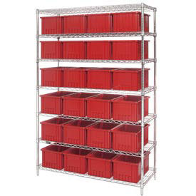 Wire Shelving With (24) 8"H Grid Container Red, 48x18x74