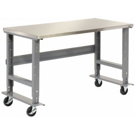 Mobile Adjustable Height Workbench, Stainless Steel, 60"W x 30"D, Gray