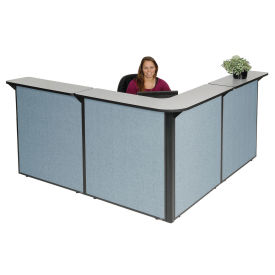 80"W x 80"D x 44"H L-Shaped Reception Station, Gray Counter/Blue Panel