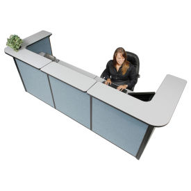 124"W x 44"D x 44"H U-Shaped Reception Station, Gray counter/Blue Panel