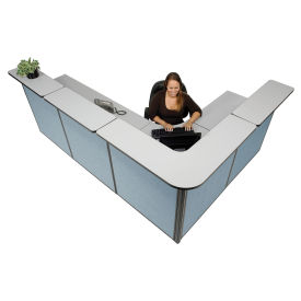 116"W x 80"D x 44"H L-Shaped Reception Station, Gray Counter/Blue Panel