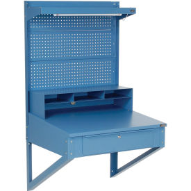 Shop Desk Wall Mount with Pegboard Riser, 34-1/2"W x 30"D x 61"H, Blue