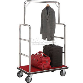 Silver Stainless Steel Bellman Cart, Straight Uprights, 6" Rubber Casters, 41-1/4"L x 24"W x 73"H