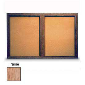 United Visual Products 60"W x 36"H 2-Door Illuminated Corkboard with Light Oak Frame