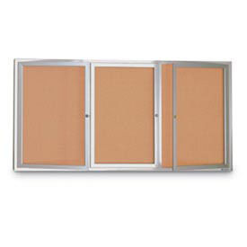 United Visual 96"W x 48"H 3-Door Indoor Enclosed Illuminated Corkboard with Satin Aluminum Frame