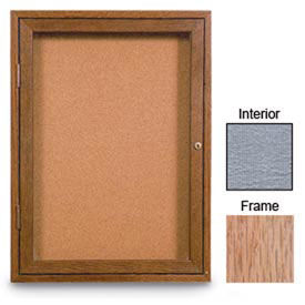 United Visual Products 24"W x 36"H 1-Door Enclosed Gray Easy Tack Board with Light Oak Frame