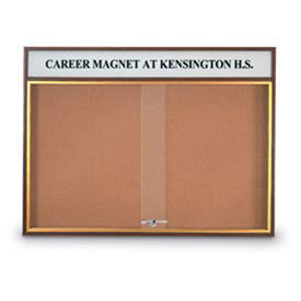 United Visual Products 96"W x 36"H Sliding Door Corkboard with Header and Walnut Frame