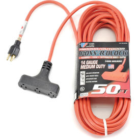 U.S. Wire 50 Ft. Three Conductor Orange Cord W/Pow-R Block, 14/3 Ga. SJTW-A, 300V, 15A
